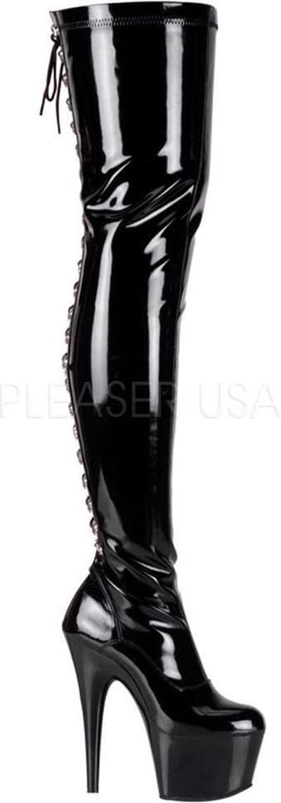 Adore-3063 plateau lak overknee laars met veters en stiletto hak zwart - (EU 40 = US 10) - Pleaser