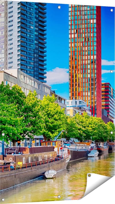 Gards Tuinposter Rotterdamse Gracht met Boten - 80x120 cm - Tuindoek - Tuindecoratie - Wanddecoratie buiten - Tuinschilderij