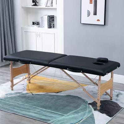 Pugsdrly Massagetafel, mobiele massagetafel, in hoogte verstelbare cosmetische bank, populierenhout, schuimrubber, zwart, 186 x 60 x 58-81 cm