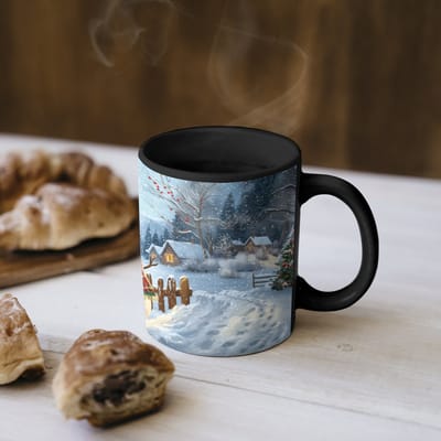 Magische Mok - Foto op Warmte Mokken - Koffiemok - Sneeuwpop - Winterdorp - Kleurrijk - Magic Mok - Beker - 350 ML - Theemok