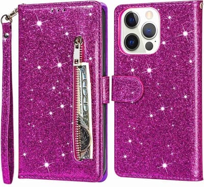 Glitter Bookcase Hoesje Geschikt voor: iPhone 15 met rits - hoesje - portemonneehoesje - Paars - ZT Accessoires