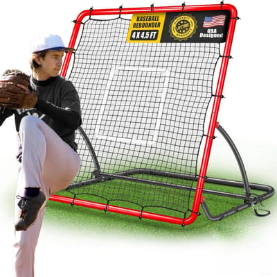 Honkbal Rebounder Net - Pitchback Springnet - Veldtraining Honkbal - 3 Verstelbare Hoeken - 4x4.5 FT - Rood