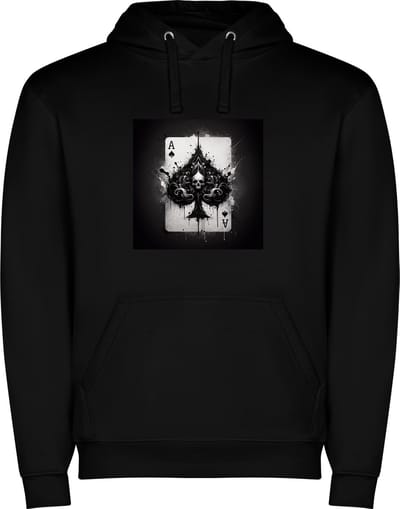 Zwarte unisex hoodie met “ Kleurrijke Speelkaart Schoppen Aas – Harten – Schoppen – Klaver – Ruit “ Print Full Color merk Roly maat XL
