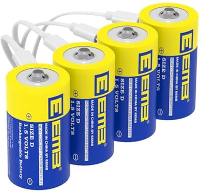 Oplaadbare D Batterijen - Grote Cel Batterijen - Apparaten Voeden - USB Type-C Opladen - 4 Stuks - Zwart