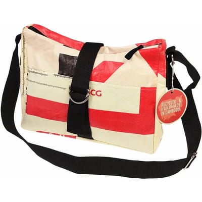 Schoudertas -handtas - gerecyclede cementzak rood-beige 32x24x7cm