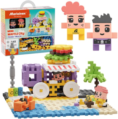 Marioinex Mini Waffle City: Food Truck Set bouwblokken, zachte blokken voor kinderen, veilig – 148 stuks