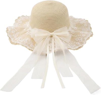 Strohoed - Zonnehoed - Strandhoed met brede rand - Versierd met kanten rand en strik - Opvouwbare zonnehoed - Lichtgewicht en ademend - Geschikt voor het strand, de tuin of een muziekfestival - Zomerstijl - Beige