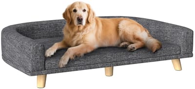 QUESTYR Verhoogd Hondenbed – 98×67×25 cm – Donkergrijs – Inclusief Wasbaar Kussen – Houten Poten – Luxe Hondenbank voor Grote Honden – 40 kg Draagvermogen
