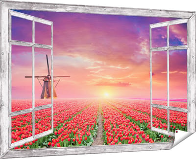 Gards Tuinposter Doorkijk Rode Rozen Bloemenveld met een Windmolen - 180x120 cm - Tuindoek - Tuindecoratie - Wanddecoratie buiten - Tuinschilderij