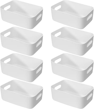 Famanu – Set van 8 kunststof opbergmanden met handgrepen – 30 × 20 × 12 cm – Keukenkast en badkamer organizer