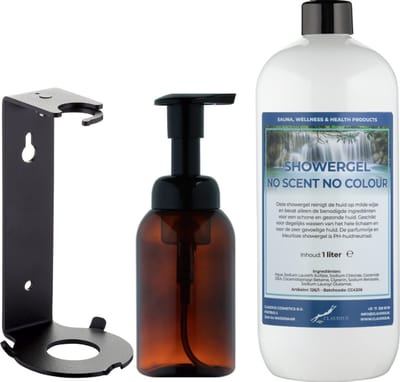 Zeepdispenser 300 ml amber bruin hervulbaar + 1 liter Showergel No Scent No Colour navulling (inclusief beugel)