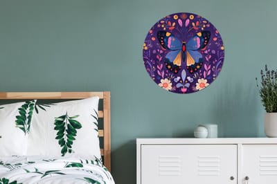 WallCircle - Wandcirkel - Muurcirkel - Sierlijk - Bloemen - Vlinder - Paars - Aluminium - Dibond - 60x60 cm - Binnen en Buiten