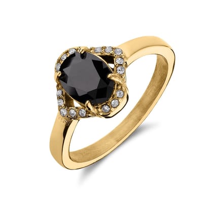 Lucardi Dames Stalen goldplated vintage ring met zwart zirkonia - Ring - Staal - Goudkleurig - 15 / 47 mm