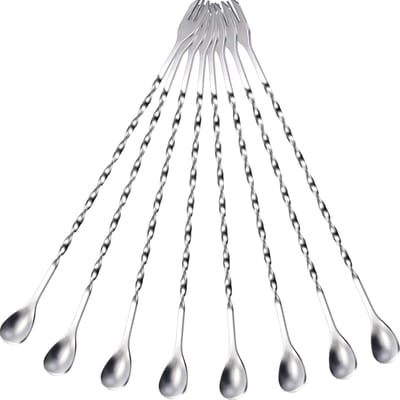 8-delige roestvrijstalen menglepelset - Lange cocktailmuddler met spiraalontwerp (zilver) - Professioneel voor bars en thuis - 26 cm