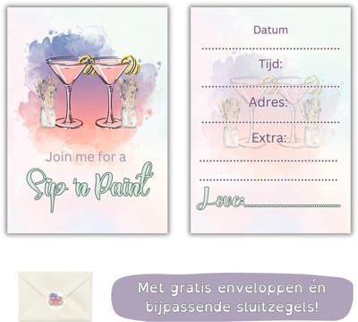 Uitnodiging Sip and Paint Feestje – Vriendinnenavond - Vrijgezellenfeest – Girls night - 16 Stuks met Enveloppen en Stickers – A6