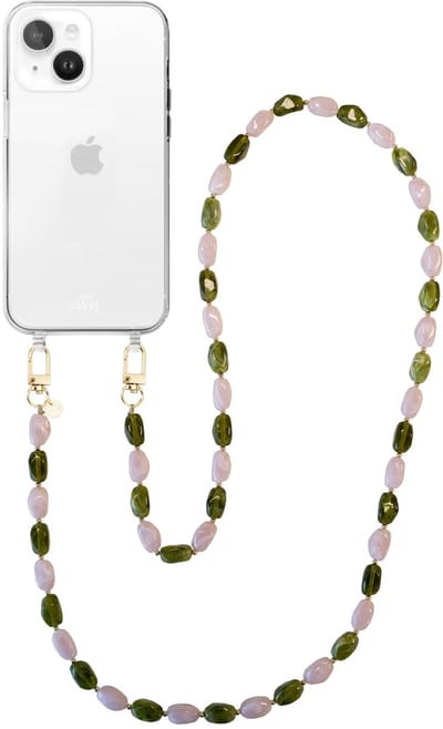 xoxo Wildhearts telefoonhoesje geschikt voor iPhone 13 - Rose Quartz (lang koord) - siliconen hoesje met koord - Backcover met telefoonkoord - Telefoonhanger stenen ketting - Groen / Roze