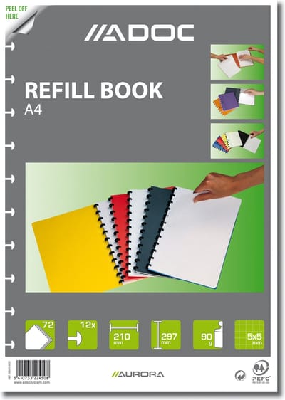 Adoc Pak van 10 x Navulling/Refill A4 Geruit 5 mm papier met kantlijn