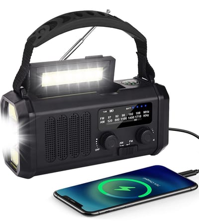 Noodradio - Op zonne-energie met handslinger - 10000mAh - Powerbank op zonne-energie - Inclusief zaklamp, leeslampje, SOS-alarm en kompas - Survival noodpakket - Oplaadbare zaklamp - Geschikt voor kamperen, buitenactiviteiten en noodgevallen - Zwart