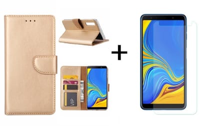 Ntech Hoesje Geschikt Voor Samsung Galaxy A7 2018 Goud BookType Hoesje & opbergvakjes + Glazen Screenprotector