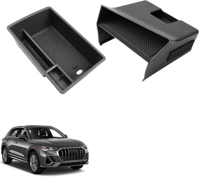 Dailygoods - Opbergbox voor middenconsole, compatibel met Audi Q3 F3 2019-2024, Audi Q3 middenconsole, organizer met antislipmat, zwart, Audi Q3, armleuning, organizer met antislipmat, zwart