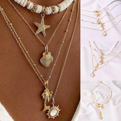 Collier multicouche avec pendentif en forme d'étoile de mer pour femme, bijou tendance brown