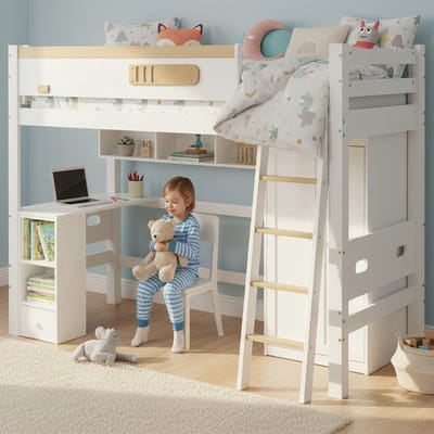 Stapelbed - 90x200 - Met Bureau En Kledingkast - Open Rek En Valbeveiliging - Grenenhout MDF - Wit en Naturel