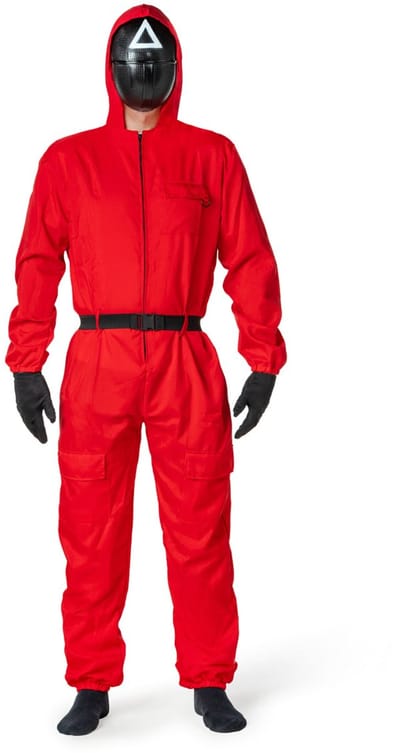 Red game Kostuum – Rood Pak met Masker, Handschoenen en Riem – Halloween - Maat S