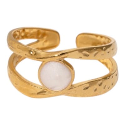 Aramat Jewels | Ringen | Open Ring RVS met Gehamerd Motief en Emaille Cirkel (9,5 mm) | Wit | |10mm | Staal | Volwassenen | Verkleurd niet