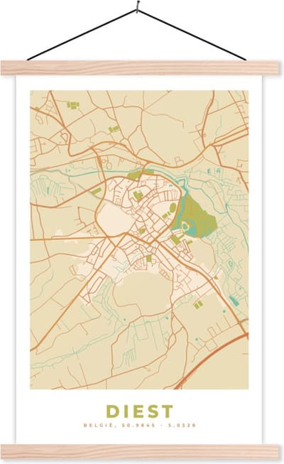 Posterhanger incl. Poster 40x60 cm - Schoolplaat - België - Diest - Plattegrond - Stadskaart - Kaart - Textielposter - Blanke latten - Stadskaart