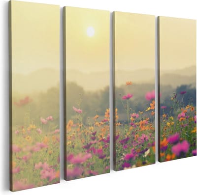 Artaza Canvas Schilderij Vierluik Bloemenveld Met Kosmos - Zonsondergang - 80x60 - Foto Op Canvas - Canvas Print