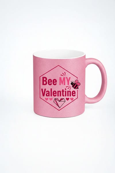 Roze Glitter Valentijn Mok "Bee MY Valentine" met Bij en Harten - Uniek Liefde Cadeau