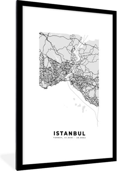 Fotolijst incl. Poster Zwart Wit- Istanbul - Plattegrond - Stadskaart - Zwart Wit - Kaart - 60x90 cm - Posterlijst