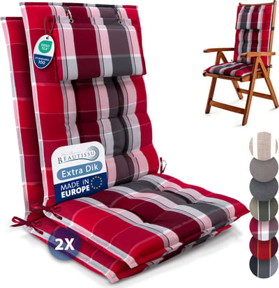 Beautissu Sun-HL – Set van 2 Premium Hoge Rugleuning Stoelkussen 120x50 cm – UV-bestendig – 8cm Dik – met Hoofdkussen & Bevestigingsbanden – Antislip – Rood Antraciet Gestreept