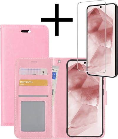 Hoesje - Met Screenprotector - Geschikt voor Samsung Galaxy A55 - Luxe Pasjeshouder - Bookcase Portemonee - Flip Case - Kunstleer Book Case - Flipcase - Book Cover - Walletcase - Portemonneehoes - Lichtroze