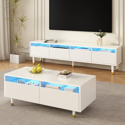 Pugsdrly Moderne LED-meubelset: tv-meubel met vier deuren en salontafel met twee lades - wit met goudkleurig design, ledverlichting, golvende structuur en acrylfronten voor een elegante levensstijl
