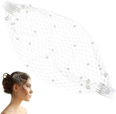 Elegante Parelsluier met Vogelkooi 37.5 x 19cm - Witte Hoofdbedekking voor Theeparty en Halloween Kostuum, Vintage 1920s Fascinator met Haarspeld