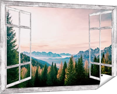 Gards Tuinposter Doorkijk Bos met Bomen bij Bergen Landschap - 150x100 cm - Tuindoek - Tuindecoratie - Wanddecoratie buiten - Tuinschilderij