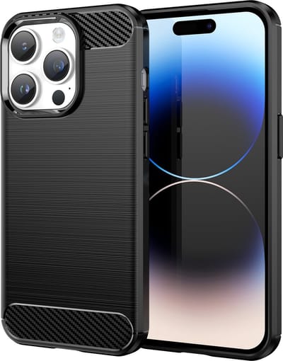 Cadorabo Hoesje geschikt voor Apple iPhone 14 PRO in Brushed Zwart - Beschermhoes van flexibel TPU siliconen in roestvrij staal-carbonvezel look Case Cover