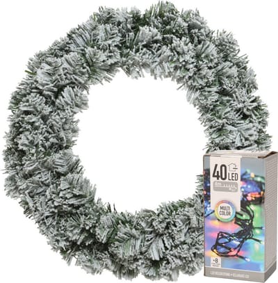 Decoris Kerstkrans - groen met sneeuw - D35 cm - incl. verlichting gekleurd
