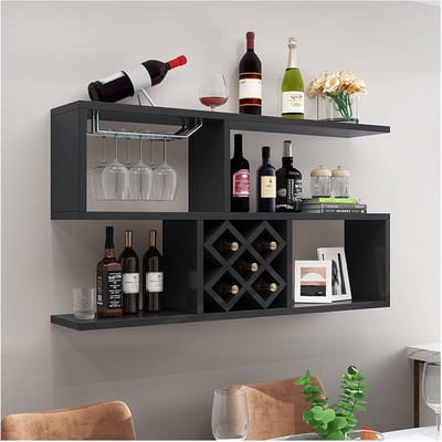 Wandgemonteerde Bar Unit 120 cm – Zwevend Wijnrek & Wijnglashouder van Metaal met Flessenhouder en Open Planken – Industrieel Wandrek voor Wijnflessen & Glazen – HomebyNicole