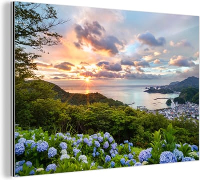Aluminium schilderij 180x120 cm - Wanddecoratie metaal - Hortensia bloemen onder een zonsondergang - Metalen muurdecoratie woonkamer - Decoratie industrieel - Foto op dibond - Industriële accessoires slaapkamer
