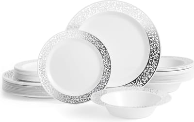 Matana – 75-delige Borden & Schalen Set met Zilveren Rand – 25 Dinerborden (25cm), 25 Dessertborden (18cm), 25 Kommen (360ml) – Herbruikbaar