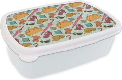 Broodtrommel Wit - Lunchbox - Brooddoos - Kleren - Paraplu - Seizoenen - Design - 18x12x6 cm - Volwassenen