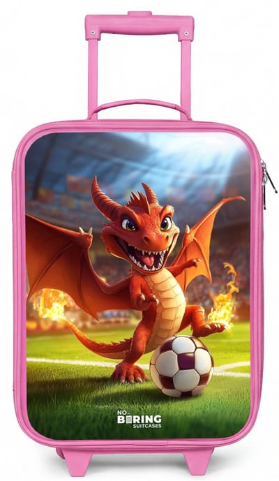 NoBoringSuitcases.com® - Kinderkoffer roze - Kindertrolley meisje - Rode draak voetbalt in zonnig stadion - Koffer kind lichtgewicht - Reiskoffer trolley voor kinderen - Koffertje met lichtgevende wieltjes - Rolkoffer