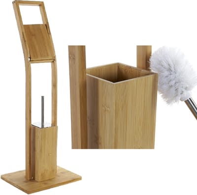 2x stuks toiletborstels met toiletrolhouder bamboe 82 cm - Toiletaccessoires - Wc-borstels/toiletborstel - Toiletrolhouders