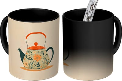 Magische Mok - Foto op Warmte Mokken - Koffiemok - Oranje - Theepot - Bloemen - Bladeren - Magic Mok - Beker - 350 ML - Theemok