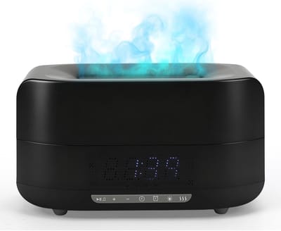 3D-vlammen aroma-diffuser, 400 ml vlamlicht, luchtbevochtiger met bluetooth-luidspreker, klok, 7-kleurig led-nachtlampje en afstandsbediening, geuroliediffuser voor thuis, kantoor, slaapkamer (zwart)