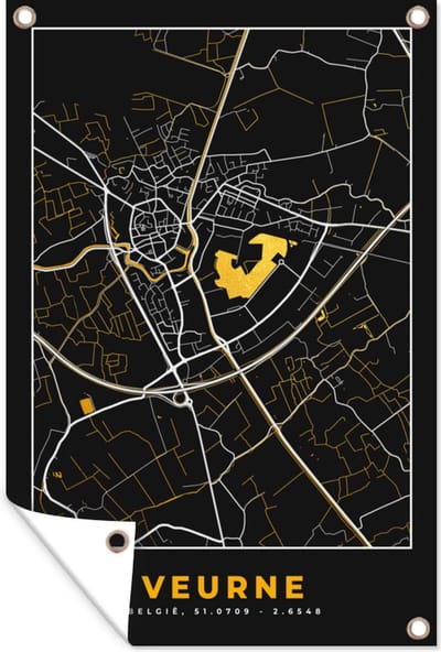 Muurdecoratie Veurne - Goud - Plattegrond - Stadskaart - Kaart - 120x180 cm - Tuinposter - Tuindoek