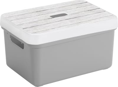Sunware opslagbox - 13 liter - lichtgrijs - kunststof - 35 x 25 x 18 cm - met afsluitbare deksel in houtnerf print