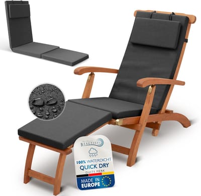 Beautissu Deckchair Ligbedkussen Zonligkussen 175x45 cm â€“ 100% Waterdicht & Weerbestendig â€“ Sneldrogend Tuin Ligkussen met Afneembare Hoes â€“ Deckchair Kussen Outdoor â€“ Antraciet DC-QD
